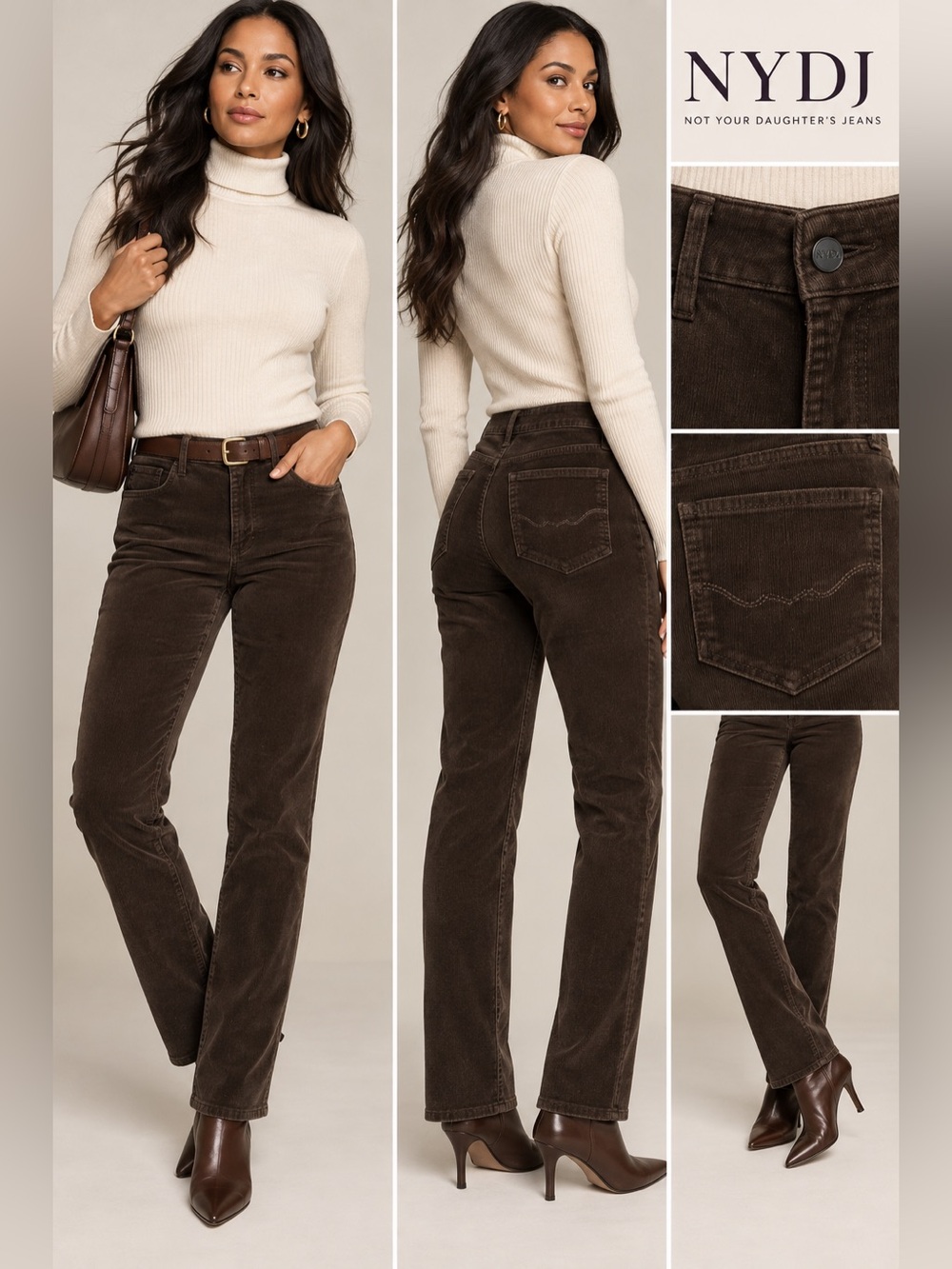 NYDJ Straight Leg Corduroy Jeans in Dark Brown lift tuck stretch 8